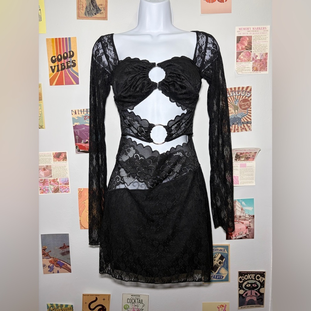 Fashion Nova Black Lace Dress with Floral Mesh
